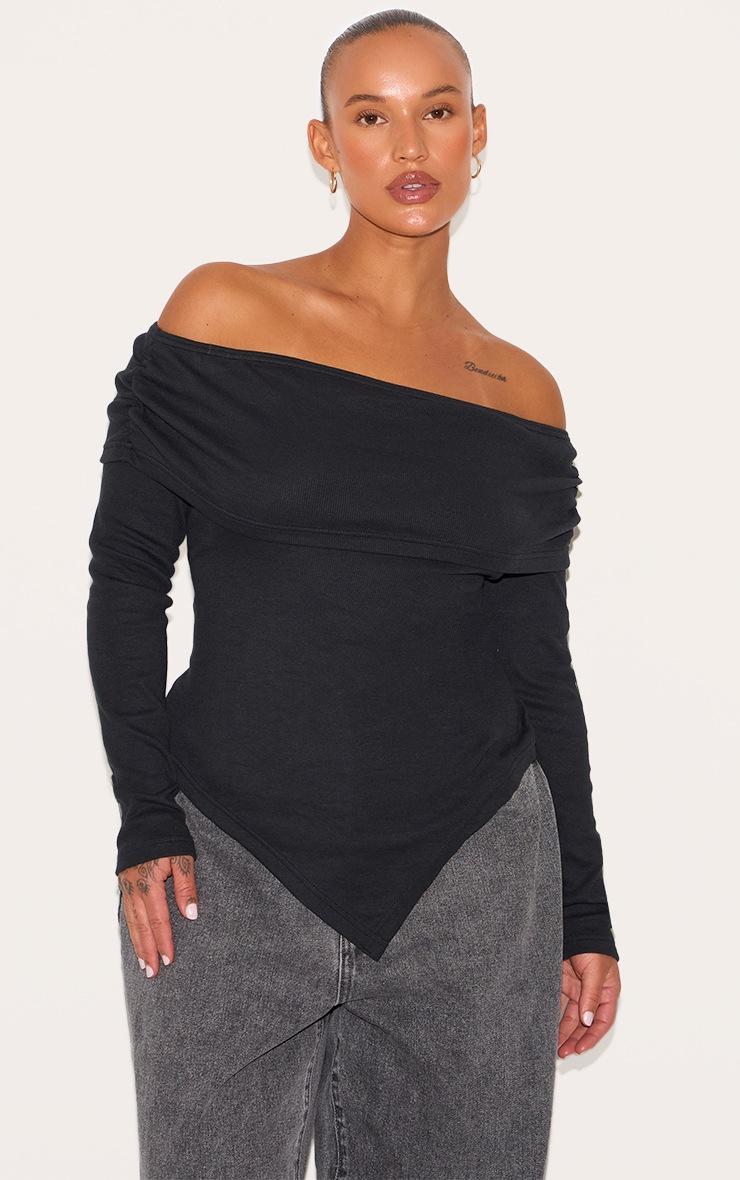 Pretty Little Thing Plus Black Fold Over Dip Hem Top