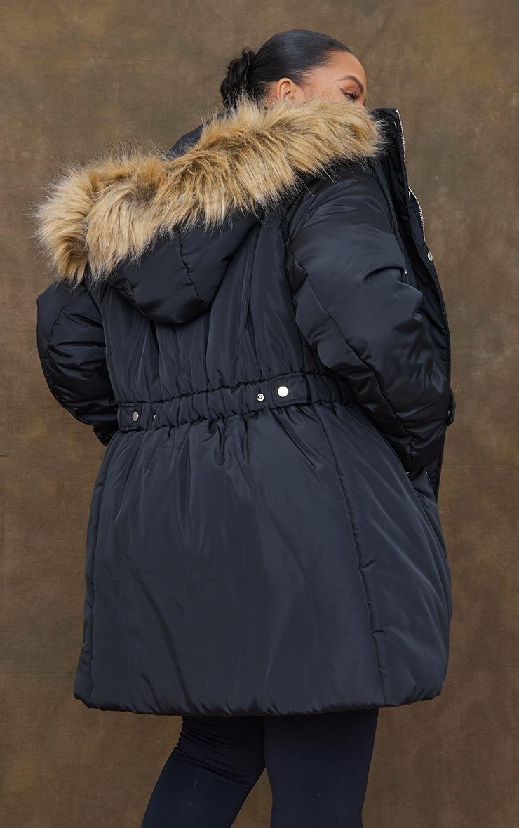 Pretty Little Thing Plus Black Fur Hood Elasticated Waist Longline Parka Coat