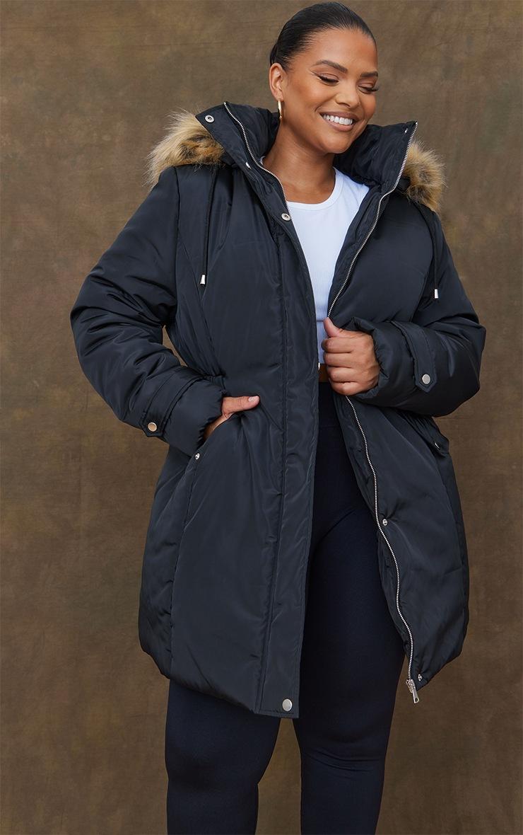 Pretty Little Thing Plus Black Fur Hood Elasticated Waist Longline Parka Coat