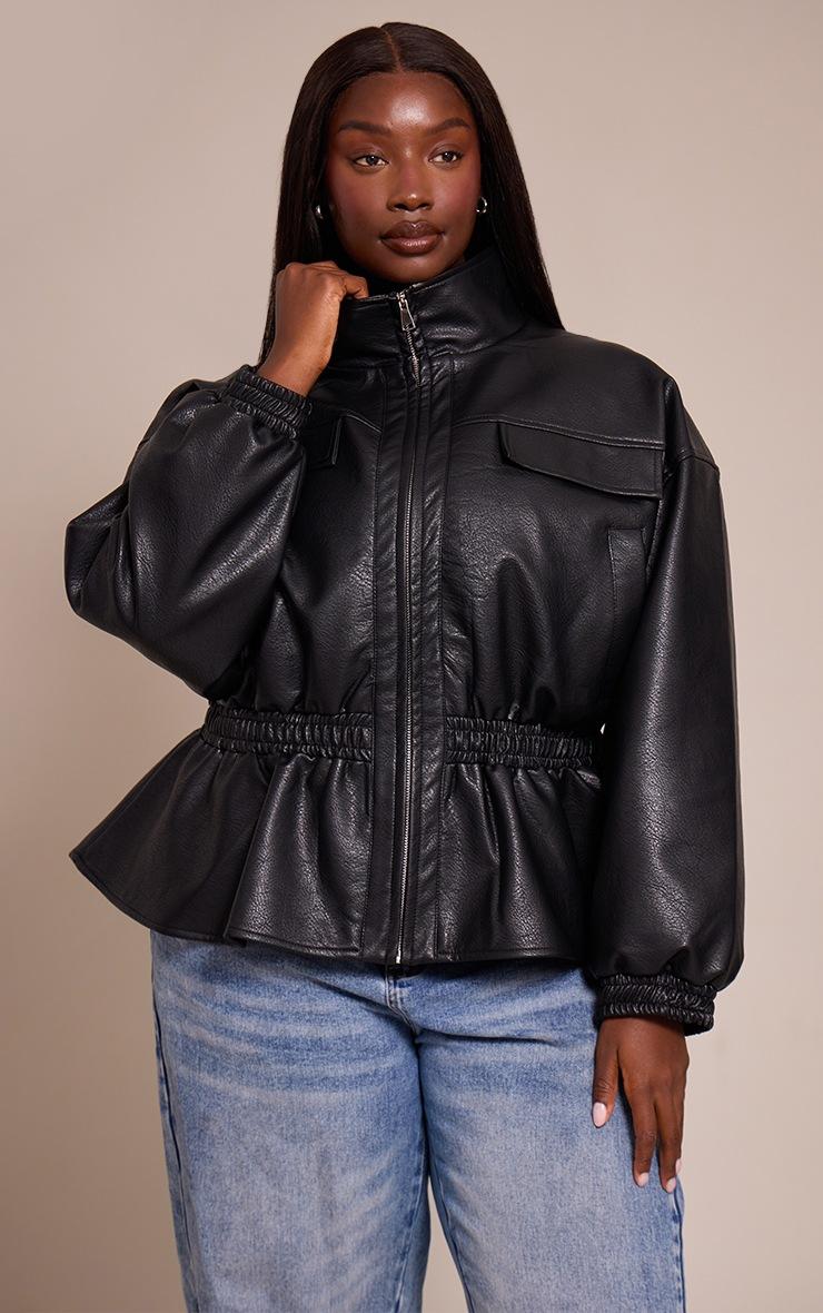 Pretty Little Thing Plus Black High Neck Cinched Waist Faux Leather Jacket