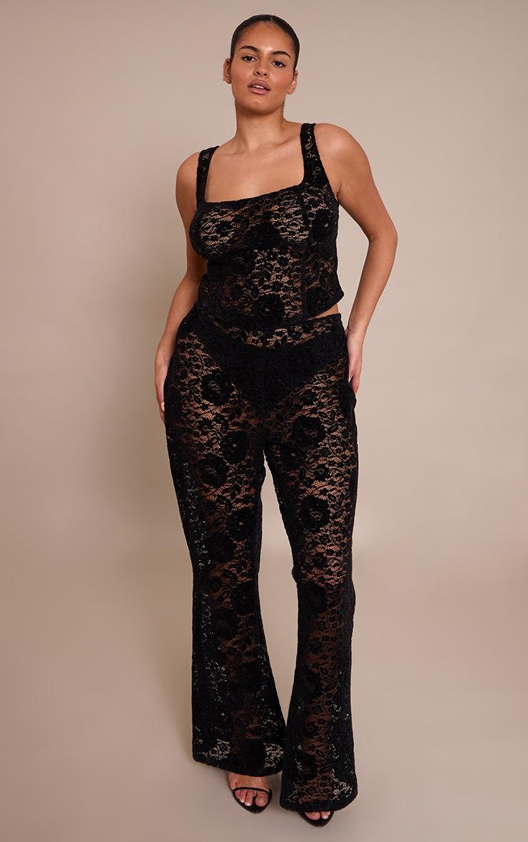 Pretty Little Thing Plus Black Lace Mid Rise Skinny Flares