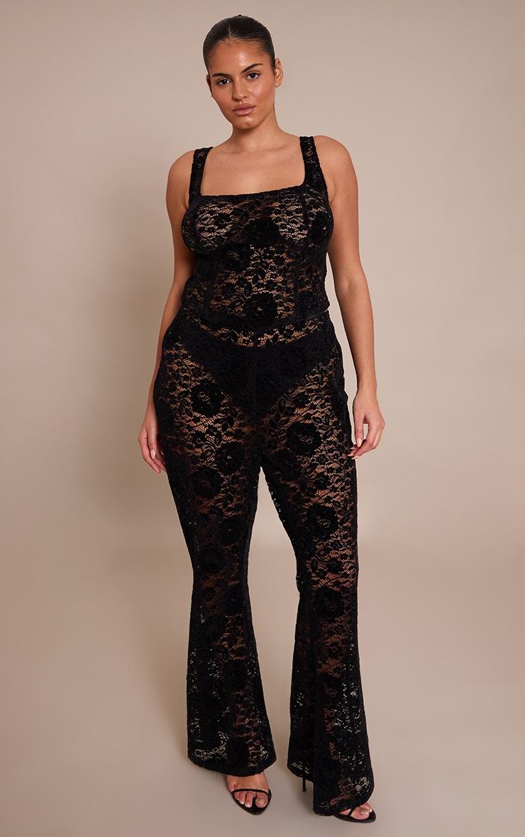 Pretty Little Thing Plus Black Lace Mid Rise Skinny Flares