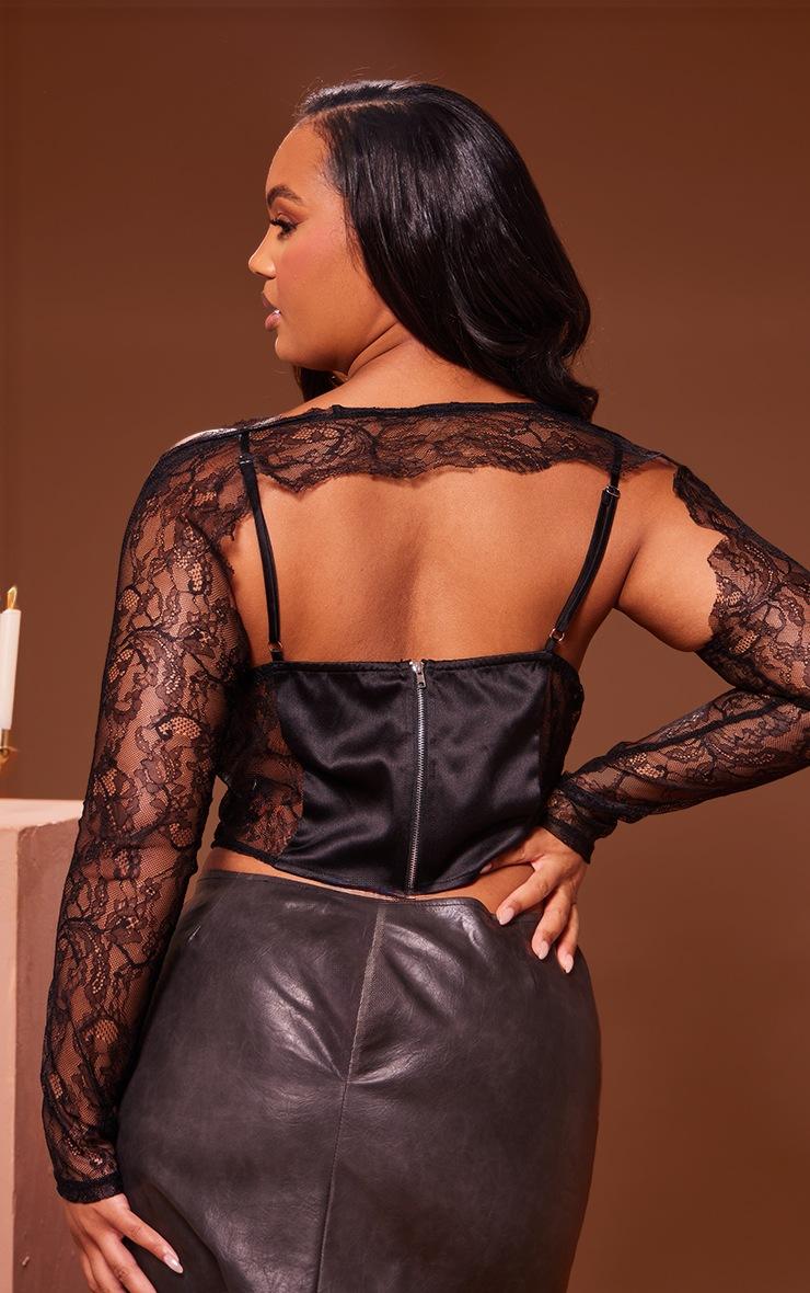 Pretty Little Thing Plus Black Lace Satin Insert Sleeve Detail Corset