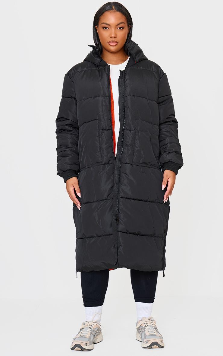 Pretty Little Thing Plus Black Maxi Contrast Hooded Puffer Jacket