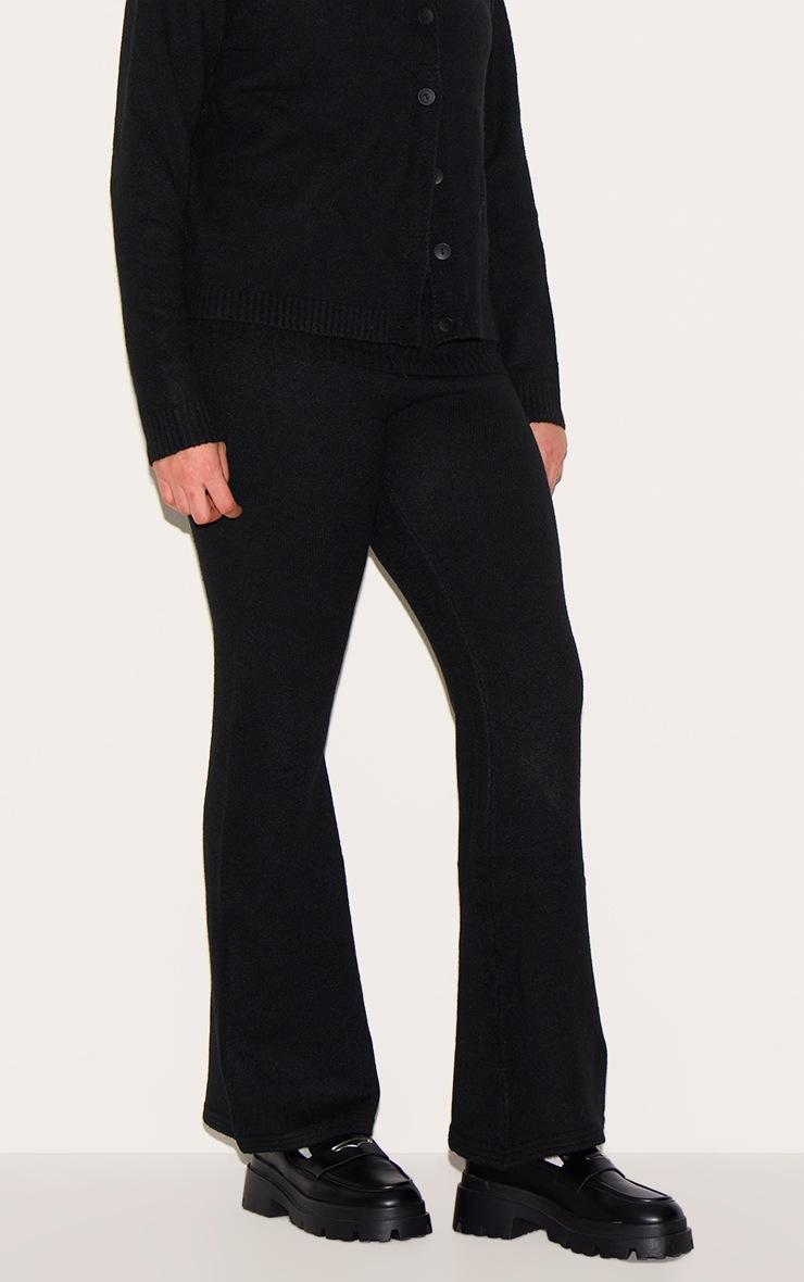 Pretty Little Thing Plus Black Melange Soft Knit Foldover Waist Flared Pants