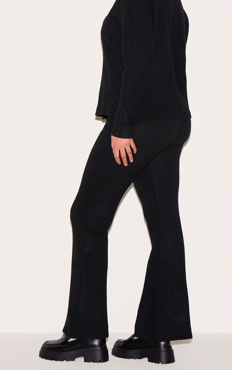 Pretty Little Thing Plus Black Melange Soft Knit Foldover Waist Flared Pants