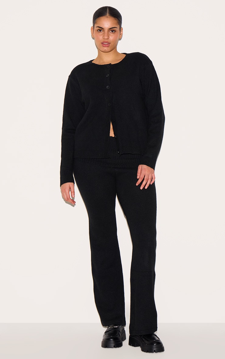 Pretty Little Thing Plus Black Melange Soft Knit Foldover Waist Flared Pants