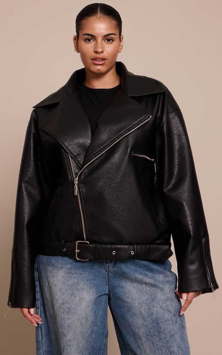 Pretty Little Thing Plus Black Oversized Biker Faux Leather Jacket
