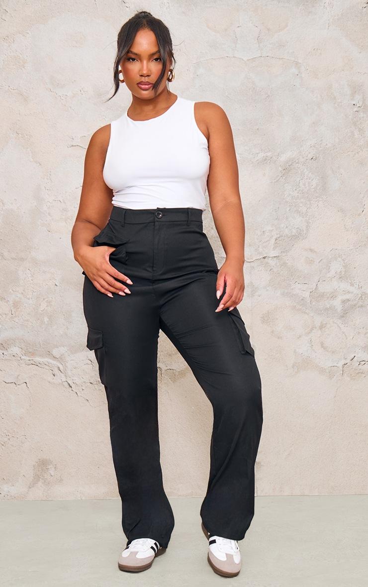 Pretty Little Thing Plus Black Pocket Front Cargo Straight Leg Pants