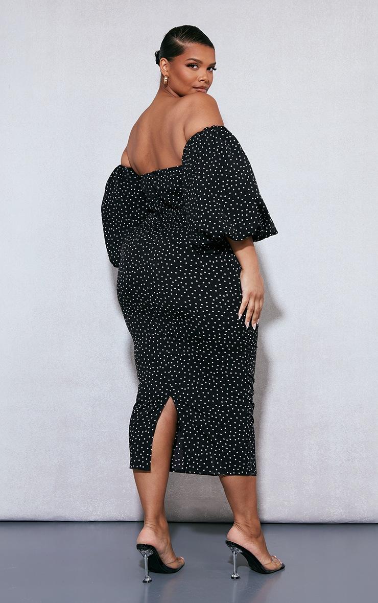 Pretty Little Thing Plus Black Polka Dot Bandeau Puff Sleeve Midi Dress