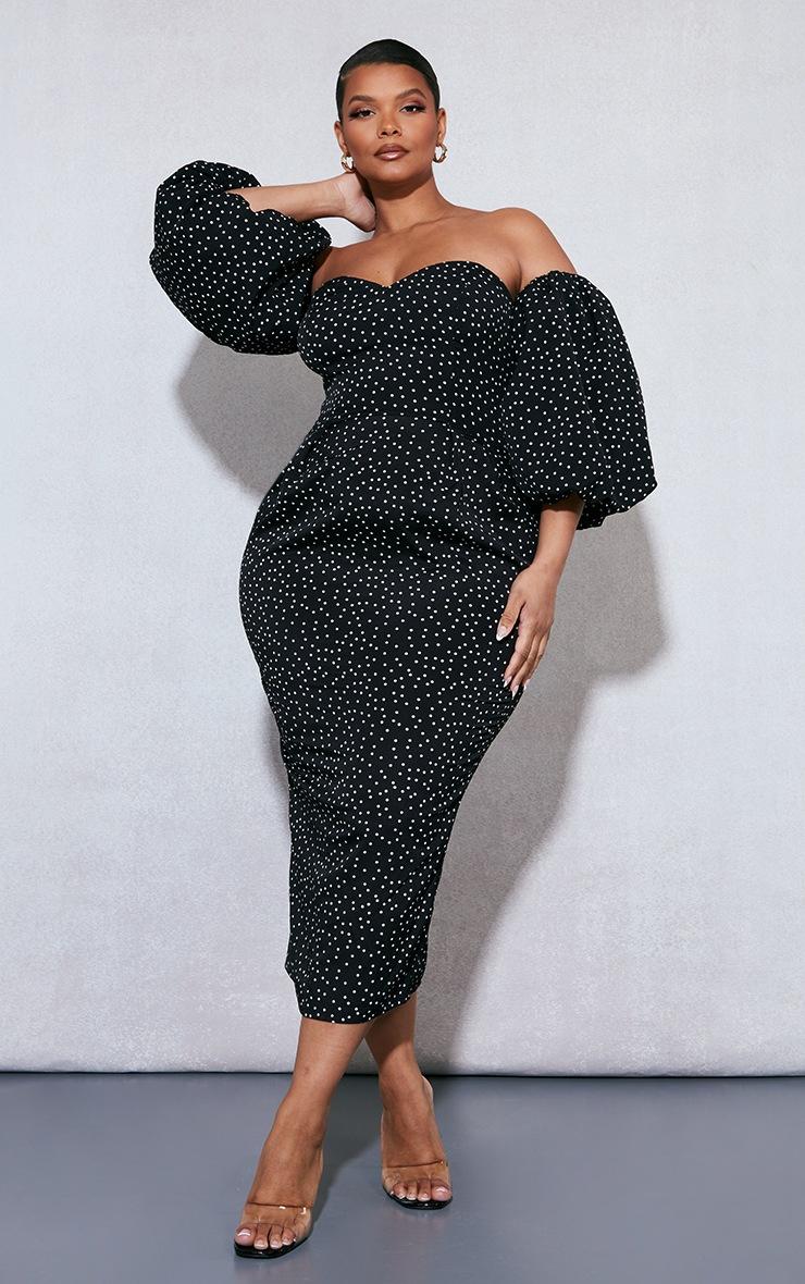 Pretty Little Thing Plus Black Polka Dot Bandeau Puff Sleeve Midi Dress