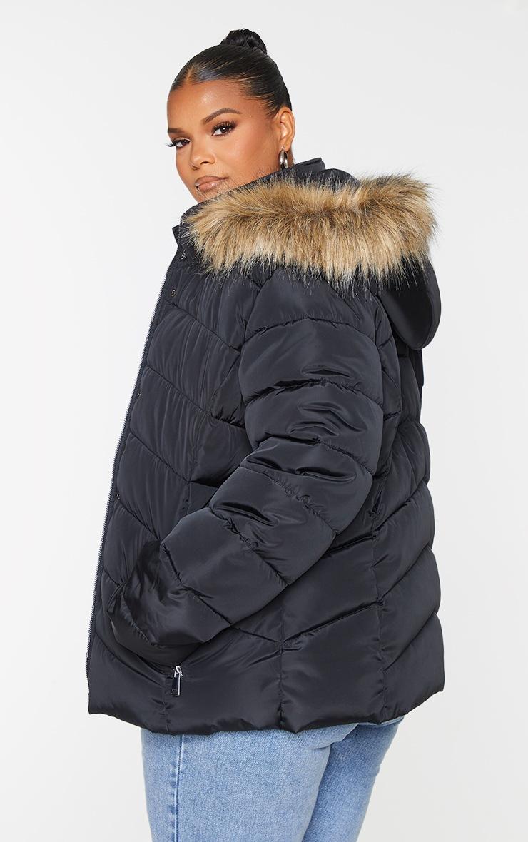 Pretty Little Thing Plus Black Quilted Mara Faux Fur Hooded Puffer Jacket