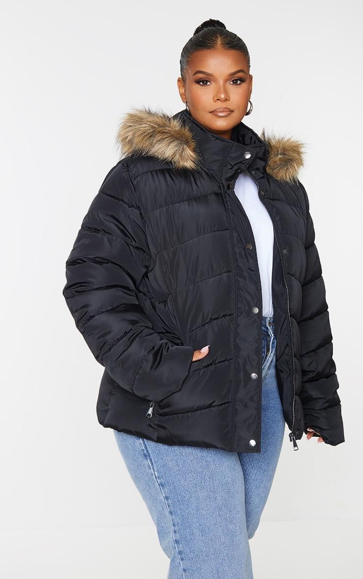 Pretty Little Thing Plus Black Quilted Mara Faux Fur Hooded Puffer Jacket