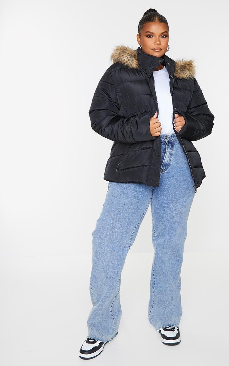 Pretty Little Thing Plus Black Quilted Mara Faux Fur Hooded Puffer Jacket