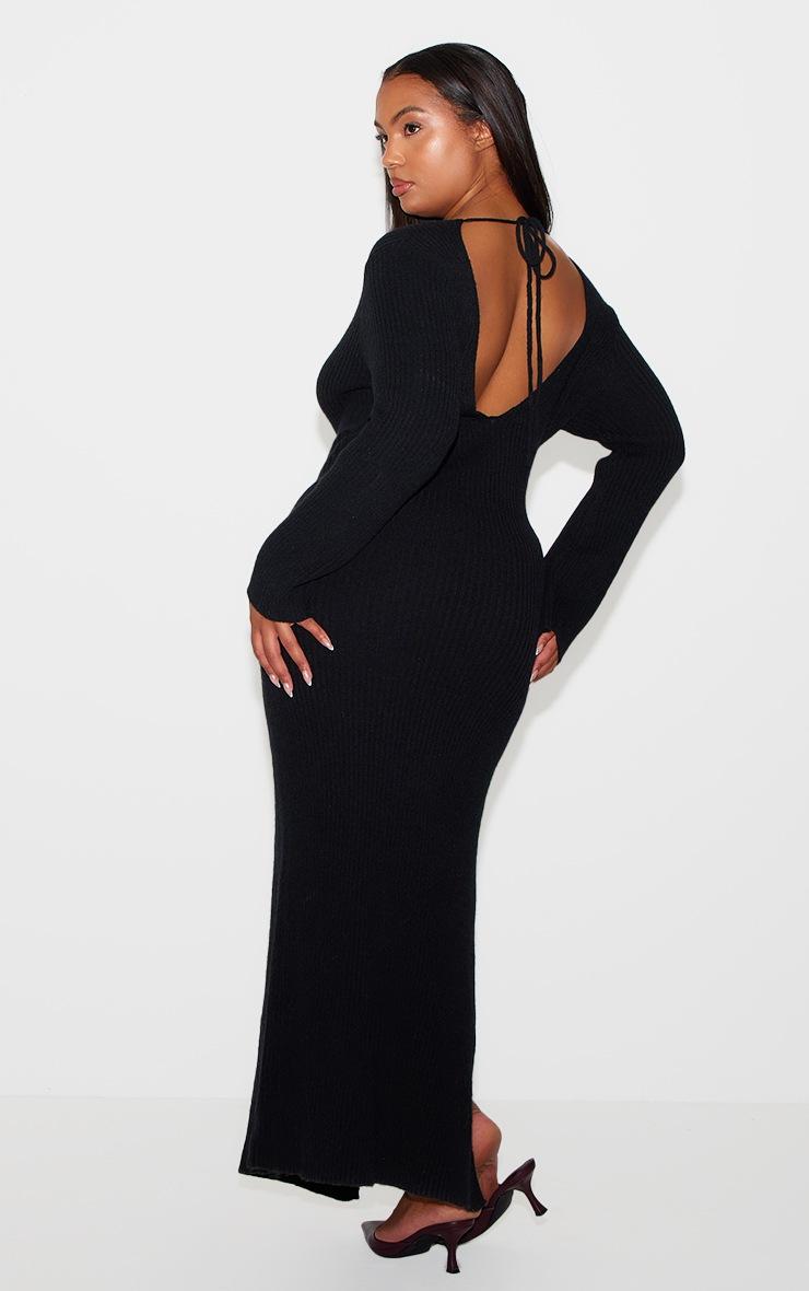 Pretty Little Thing Plus Black Rib Knit Low Back Long Sleeve Maxi Dress