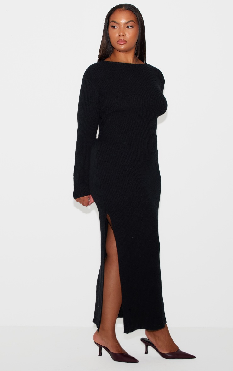 Pretty Little Thing Plus Black Rib Knit Low Back Long Sleeve Maxi Dress