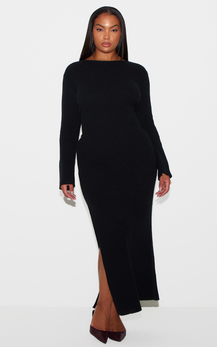 Pretty Little Thing Plus Black Rib Knit Low Back Long Sleeve Maxi Dress