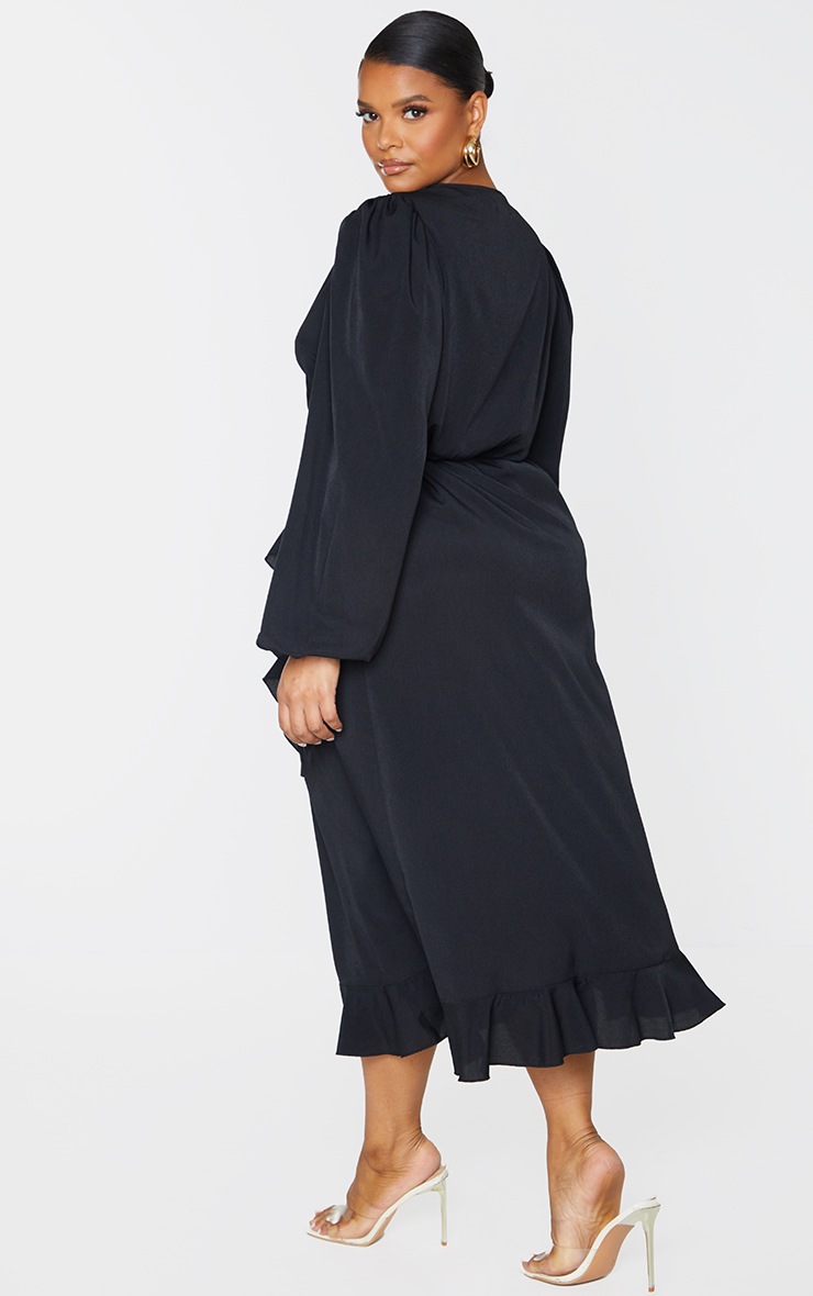 Pretty Little Thing Plus Black Ruffle Wrap Front Midi Dress