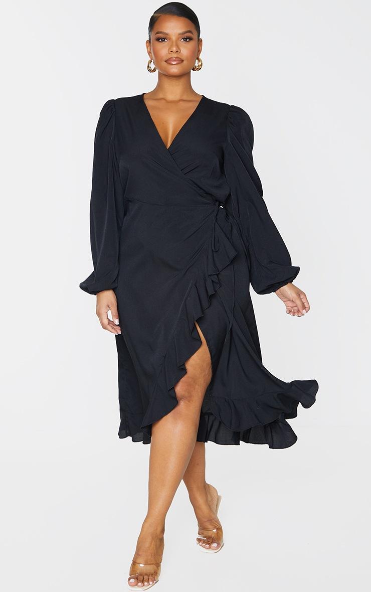 Pretty Little Thing Plus Black Ruffle Wrap Front Midi Dress