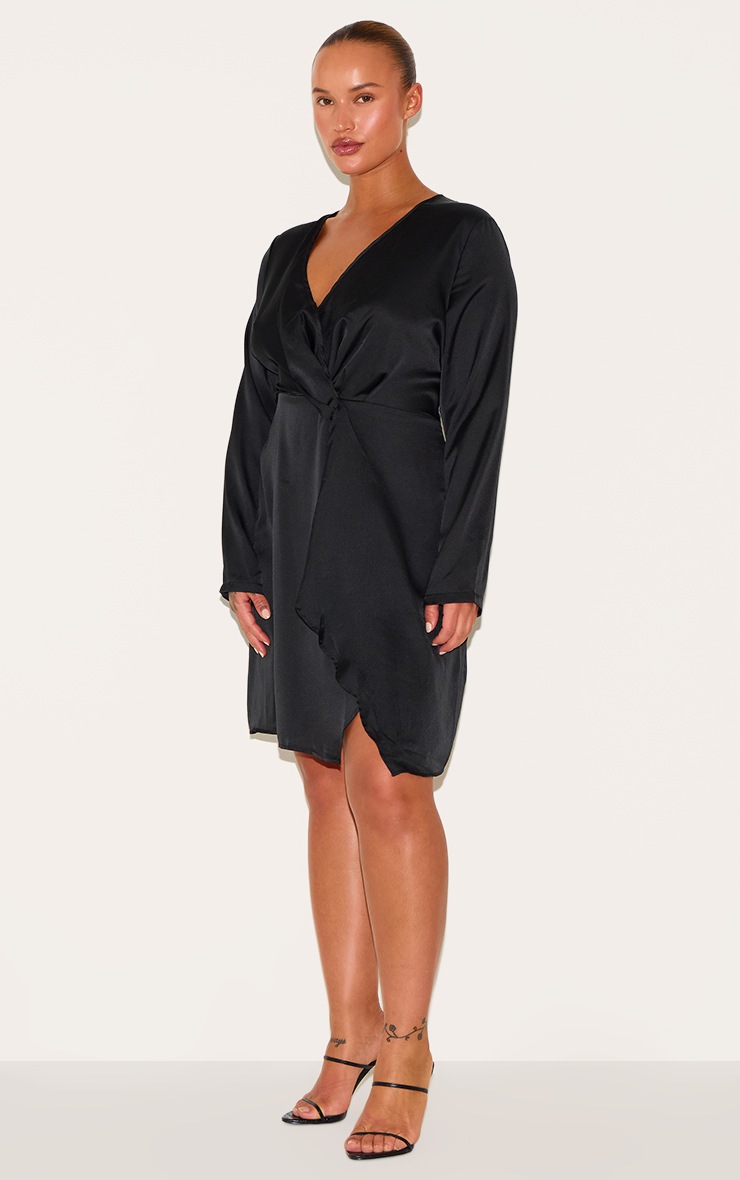 Pretty Little Thing Plus Black Satin Long Sleeve Wrap Dress