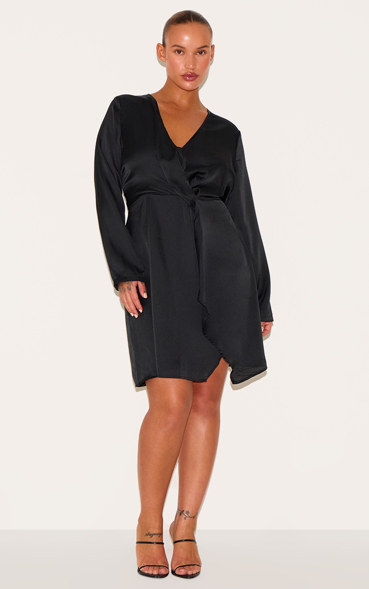 Pretty Little Thing Plus Black Satin Long Sleeve Wrap Dress