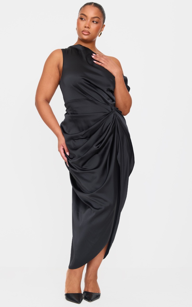 Pretty Little Thing Plus Black Satin Off The Shoulder Draped Skirt Midi Dress