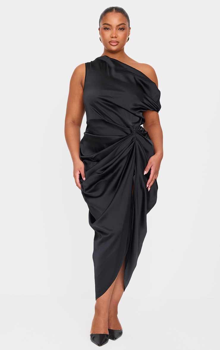 Pretty Little Thing Plus Black Satin Off The Shoulder Draped Skirt Midi Dress