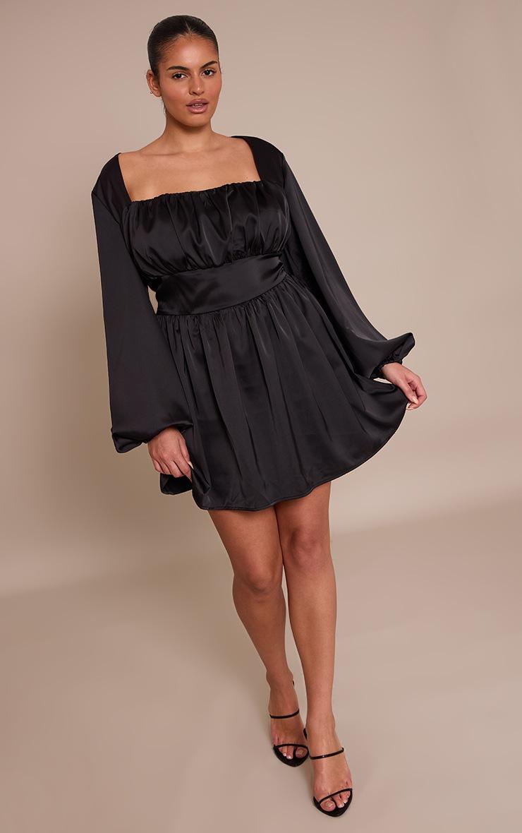 Pretty Little Thing Plus Black Satin Ruched Cup Puff Sleeve Mini Dress
