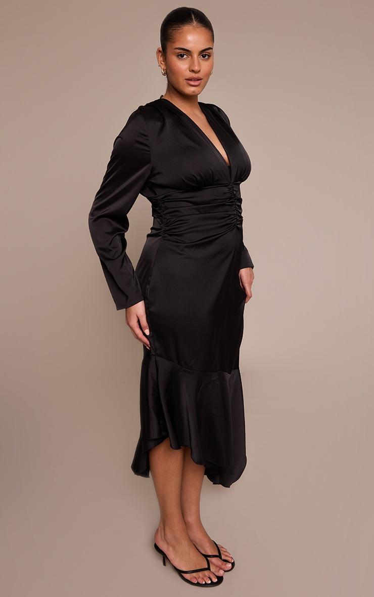Pretty Little Thing Plus Black Satin Ruched Waist Long Sleeve Maxi Dress