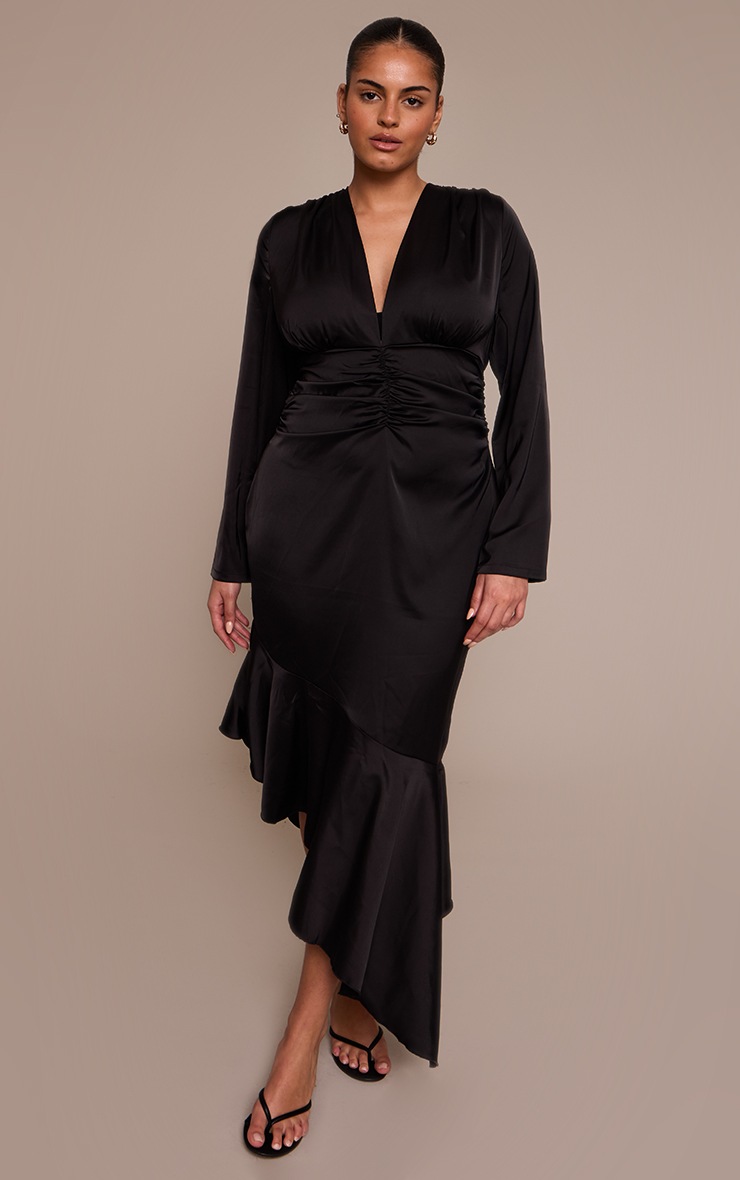 Pretty Little Thing Plus Black Satin Ruched Waist Long Sleeve Maxi Dress