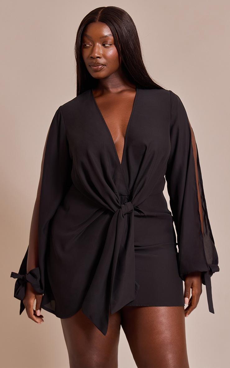 Pretty Little Thing Plus Black Satin Twist Front Open Sleeve Wrap Mini Dress