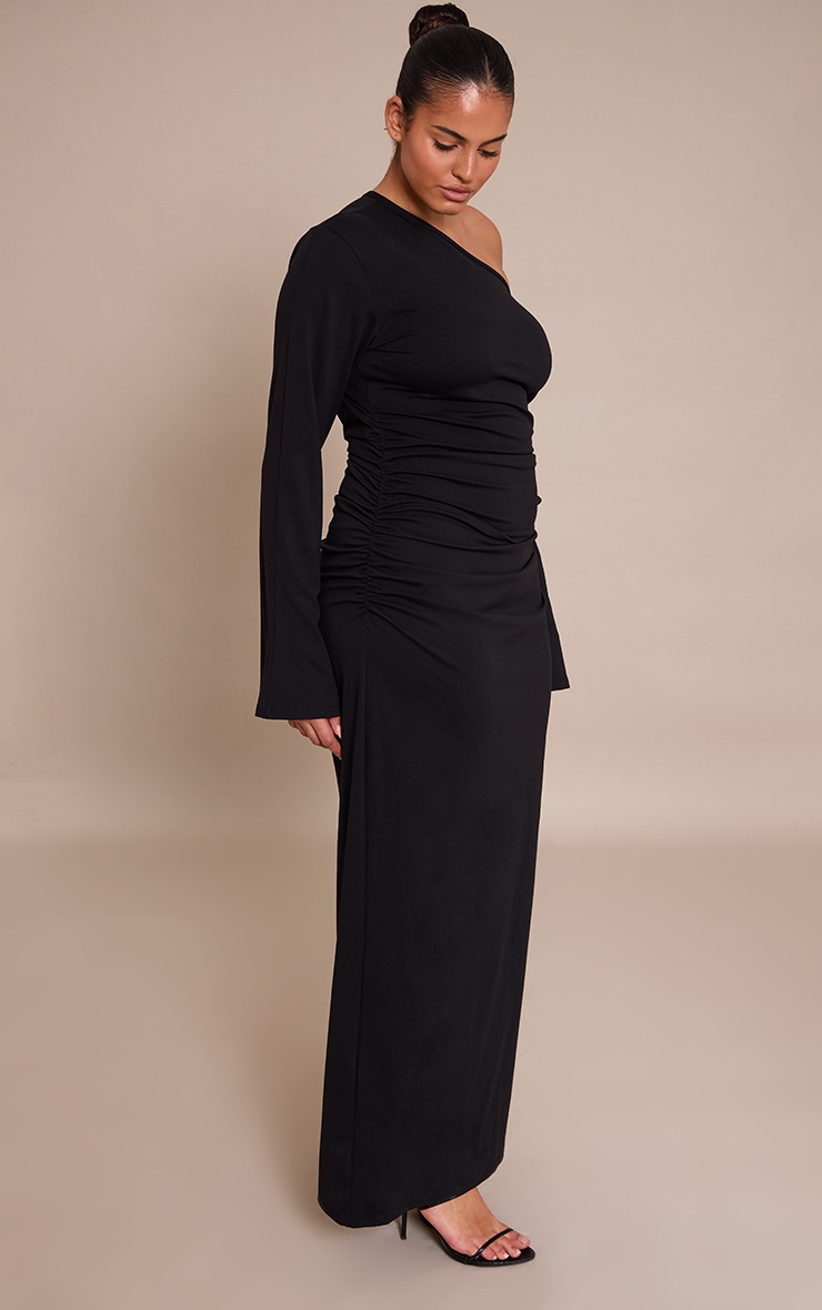 Pretty Little Thing Plus Black Sculpt Bardot Ruched Side Long Sleeve Maxi Dress