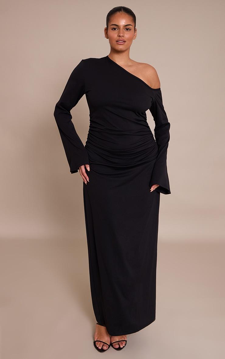 Pretty Little Thing Plus Black Sculpt Bardot Ruched Side Long Sleeve Maxi Dress