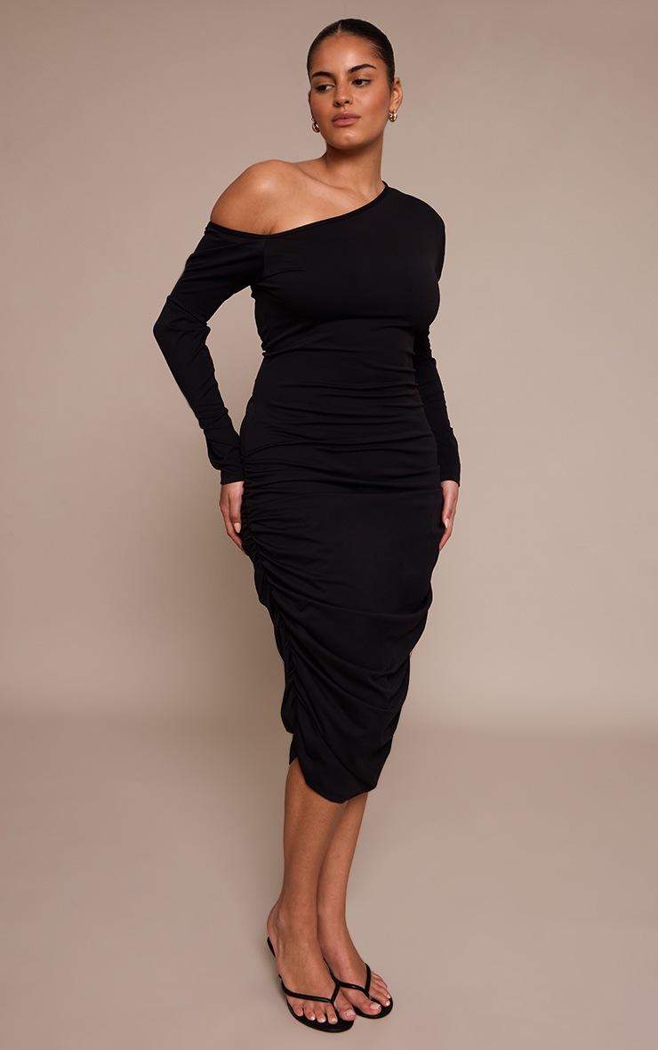Pretty Little Thing Plus Black Sculpt Off Shoulder Ruched Midi Dress