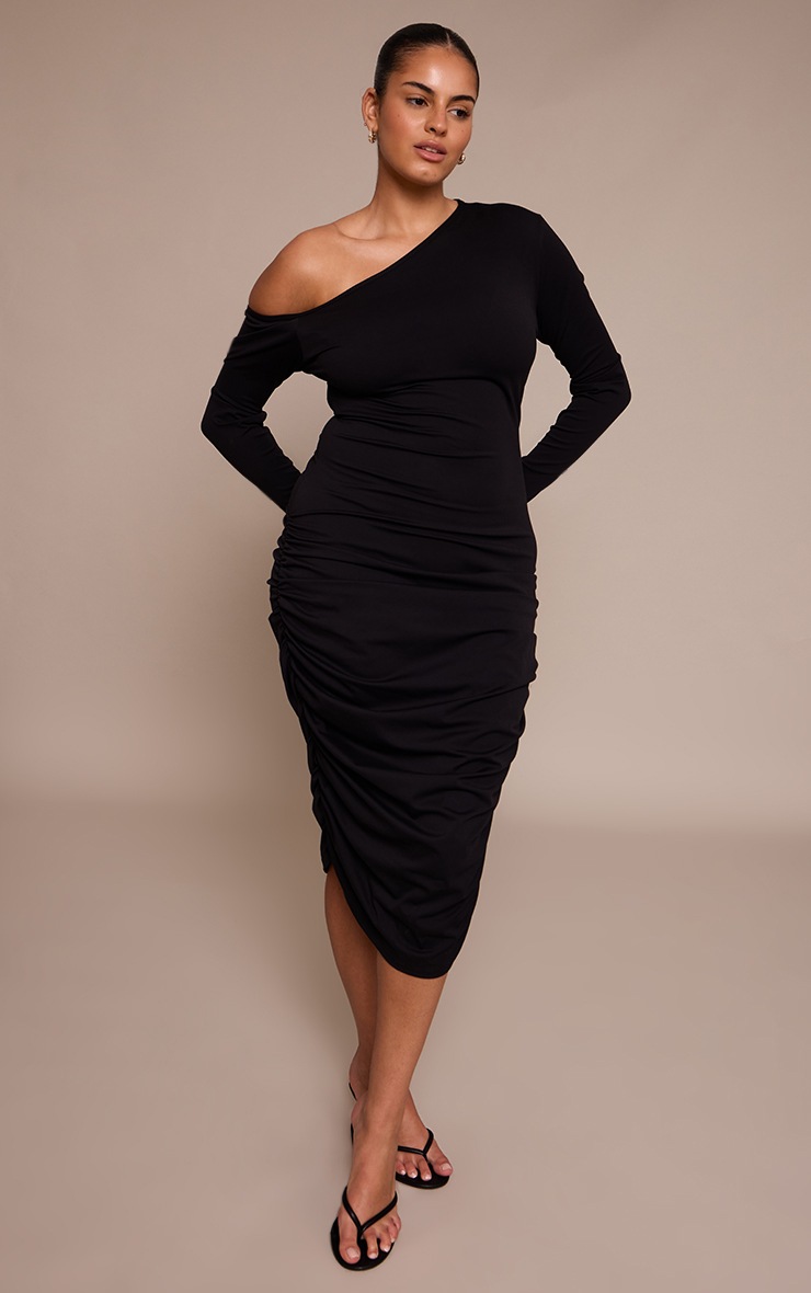 Pretty Little Thing Plus Black Sculpt Off Shoulder Ruched Midi Dress