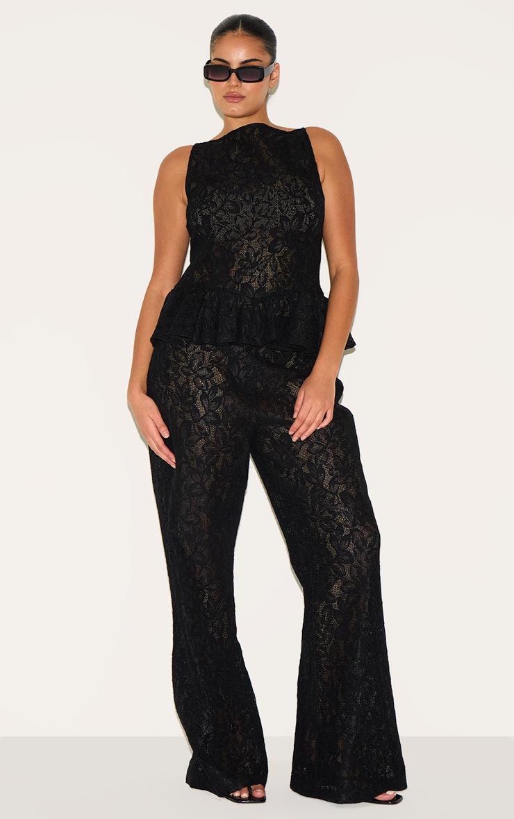 Pretty Little Thing Plus Black Sheer Lace Flared Leg Pant