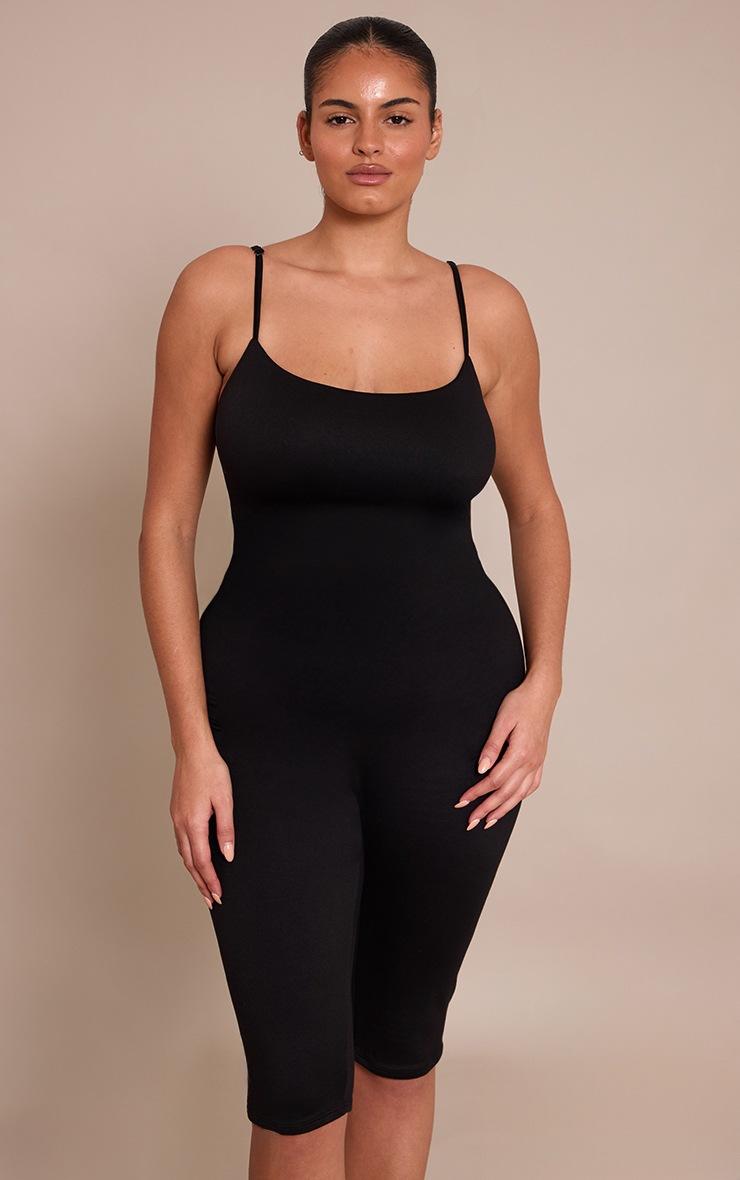 Pretty Little Thing Plus Black Spaghetti Strap Contour Jersey Capri Jumpsuit