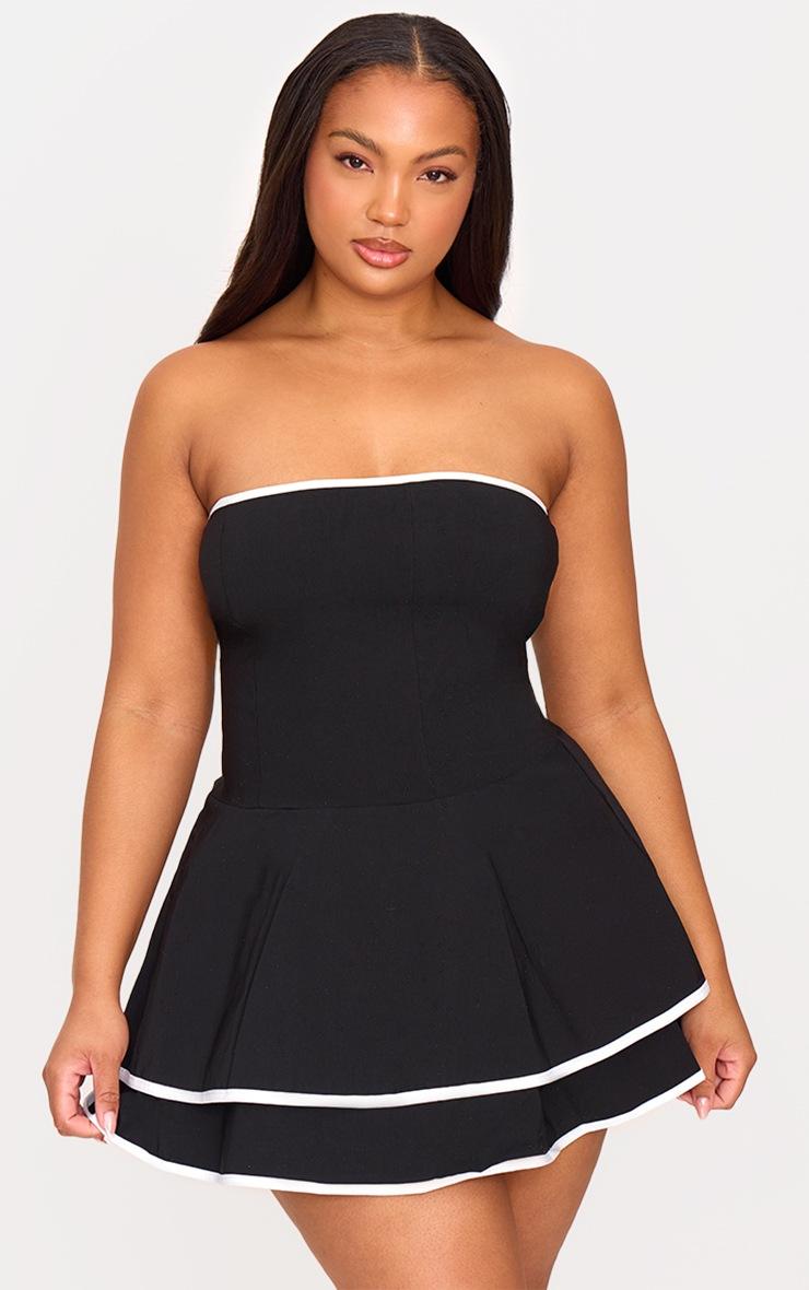 Pretty Little Thing Plus Black Stretch Woven Contrast Tiered Shift Dress
