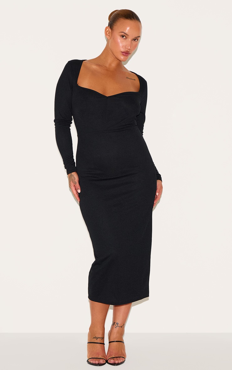 Pretty Little Thing Plus Black Sweetheart Neck Long Sleeve Midi Dress