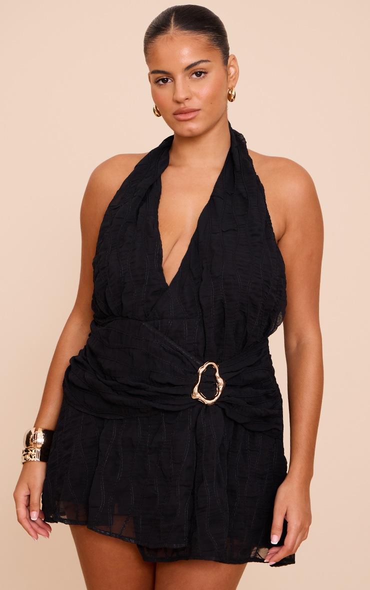 Pretty Little Thing PLUS BLACK Texture V Neck Belt Shift Dress