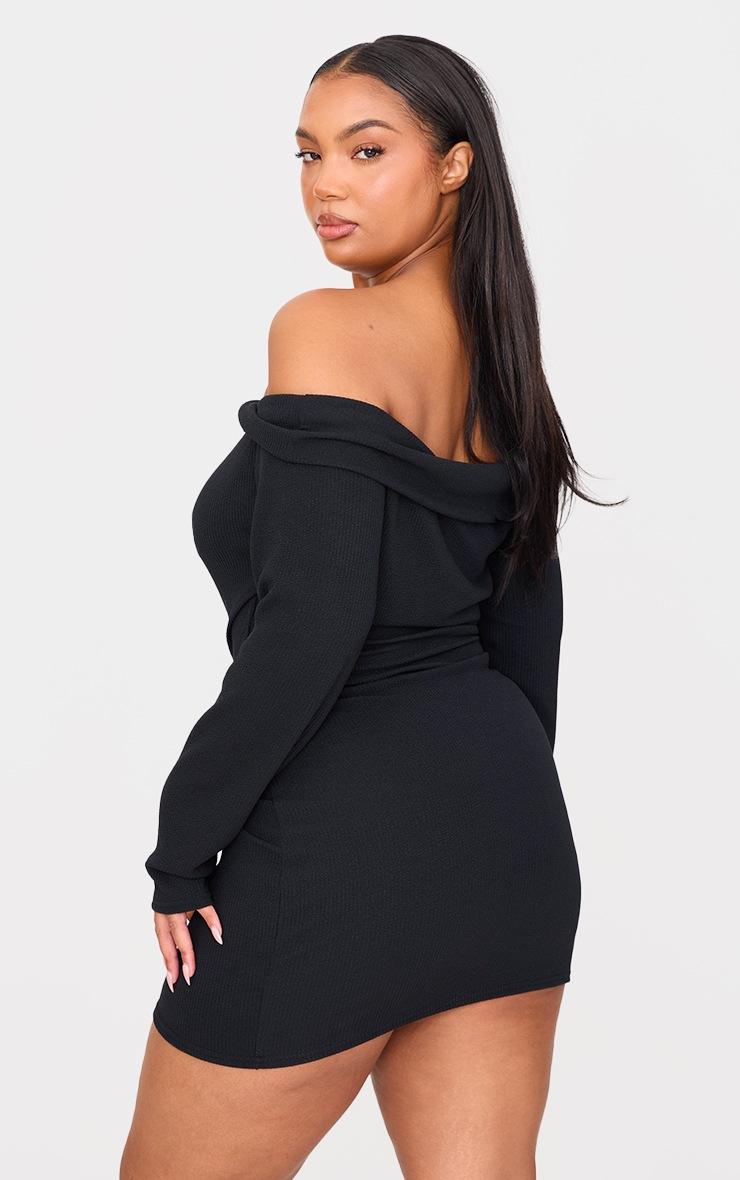 Pretty Little Thing Plus Black Twist Front Bardot Ribbed Mini Dress