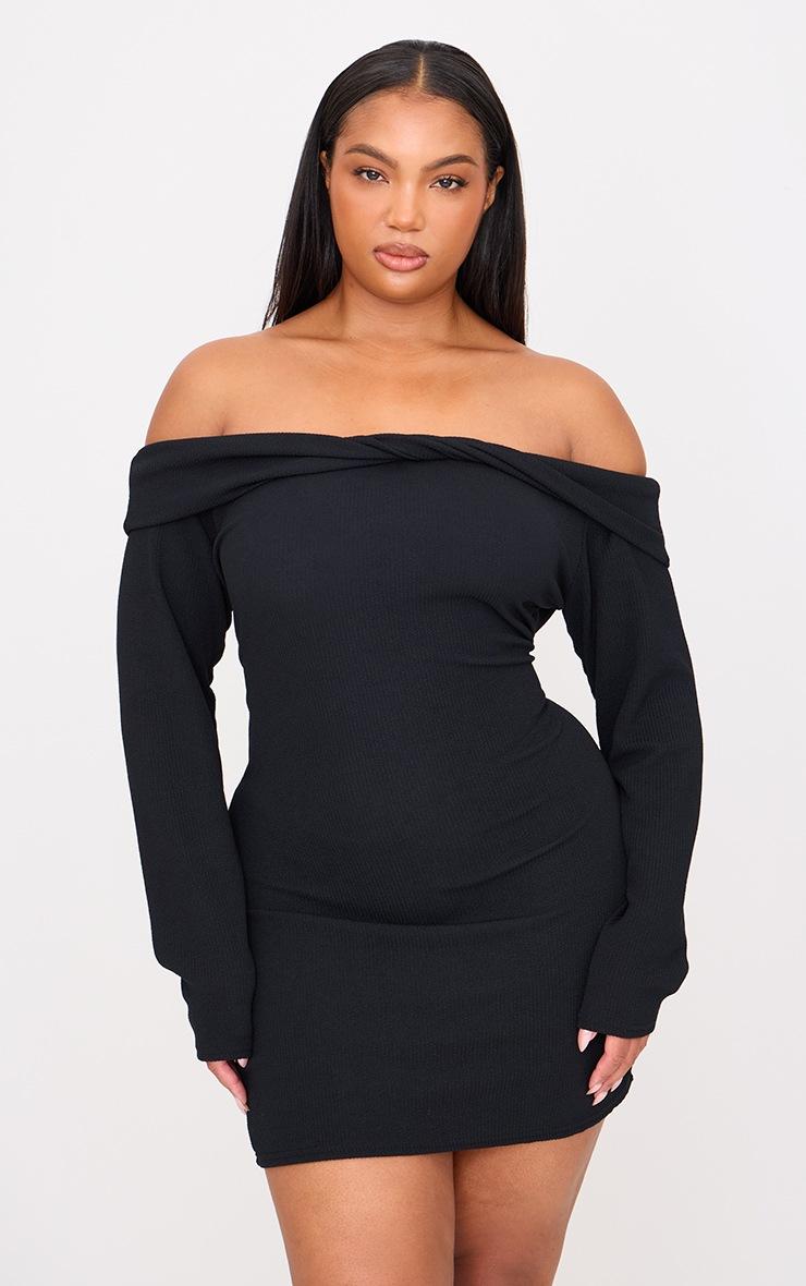 Pretty Little Thing Plus Black Twist Front Bardot Ribbed Mini Dress