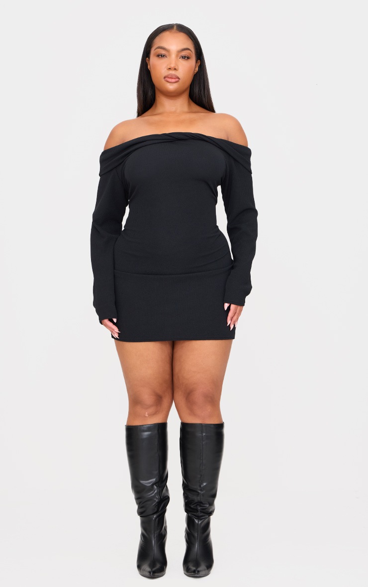 Pretty Little Thing Plus Black Twist Front Bardot Ribbed Mini Dress