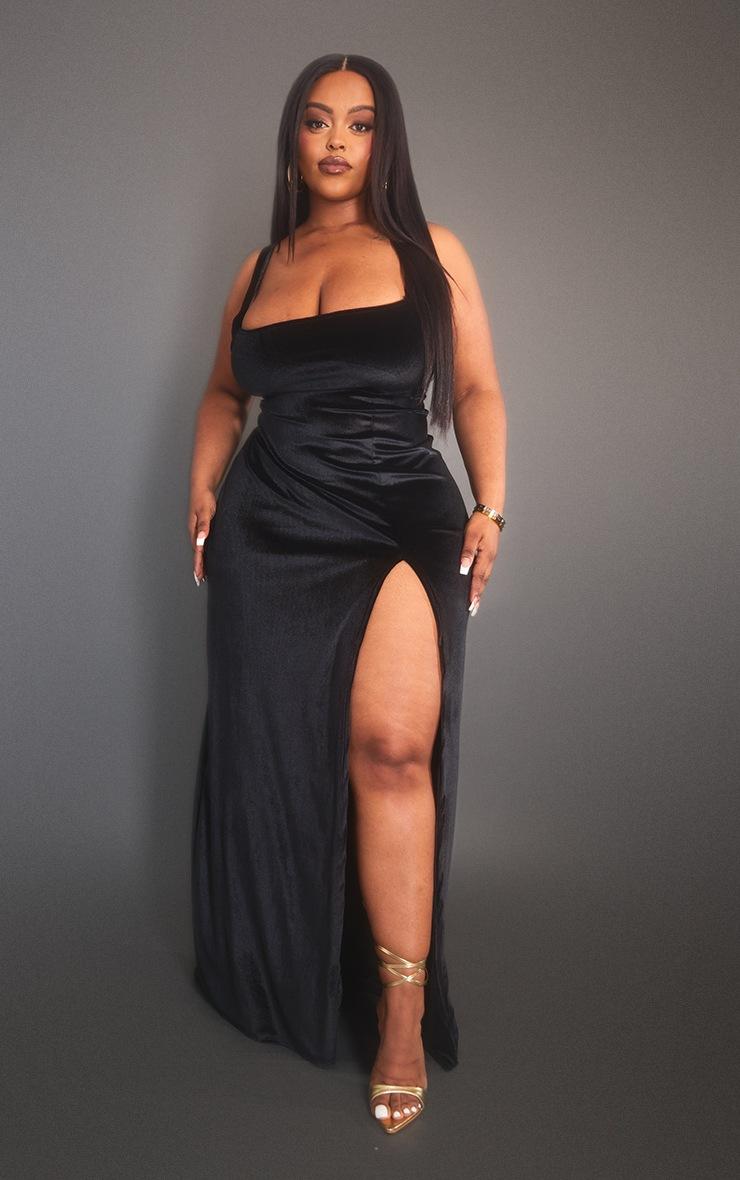 Pretty Little Thing Plus Black Velvet Side Split Midi Dress