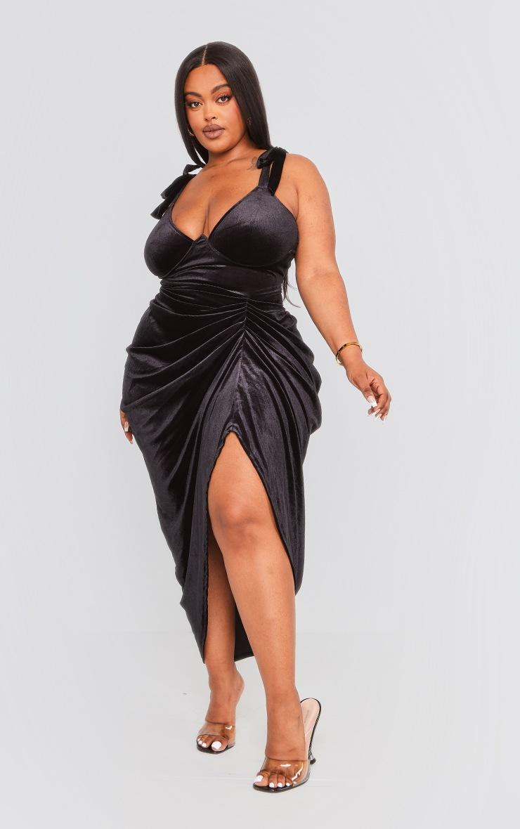 Pretty Little Thing Plus Black Velvet Underwire Detail Draped Midi Dress