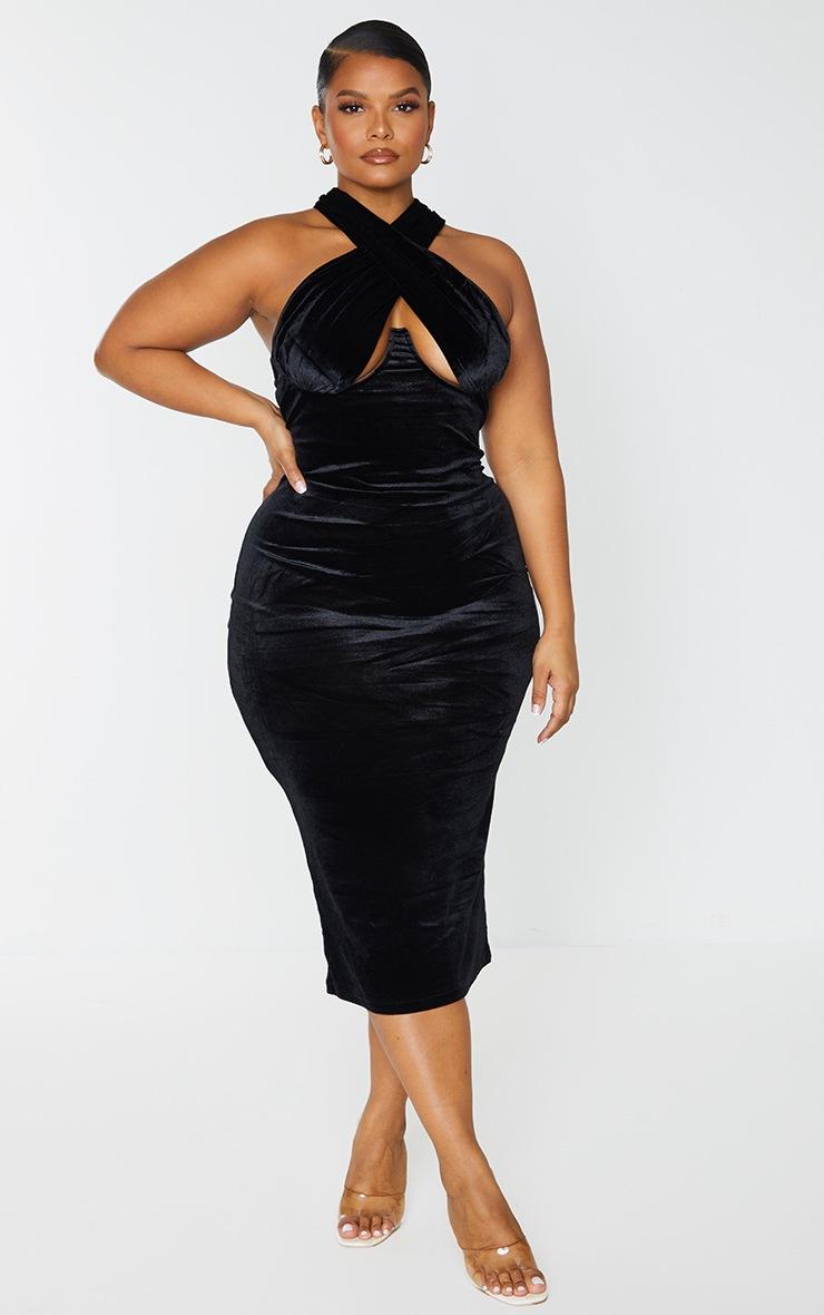 Pretty Little Thing Plus Black Velvet Underwired Cross Front Midi Dress