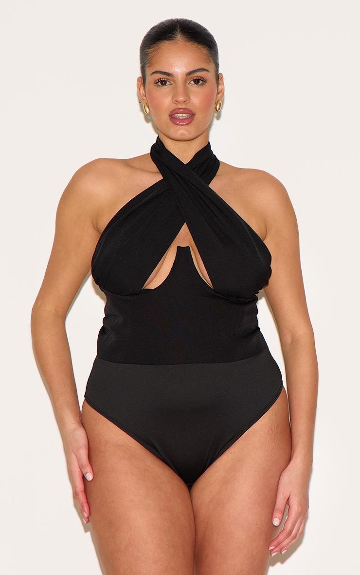 Pretty Little Thing Plus Black Woven Cross Front Underwired Bodysuit