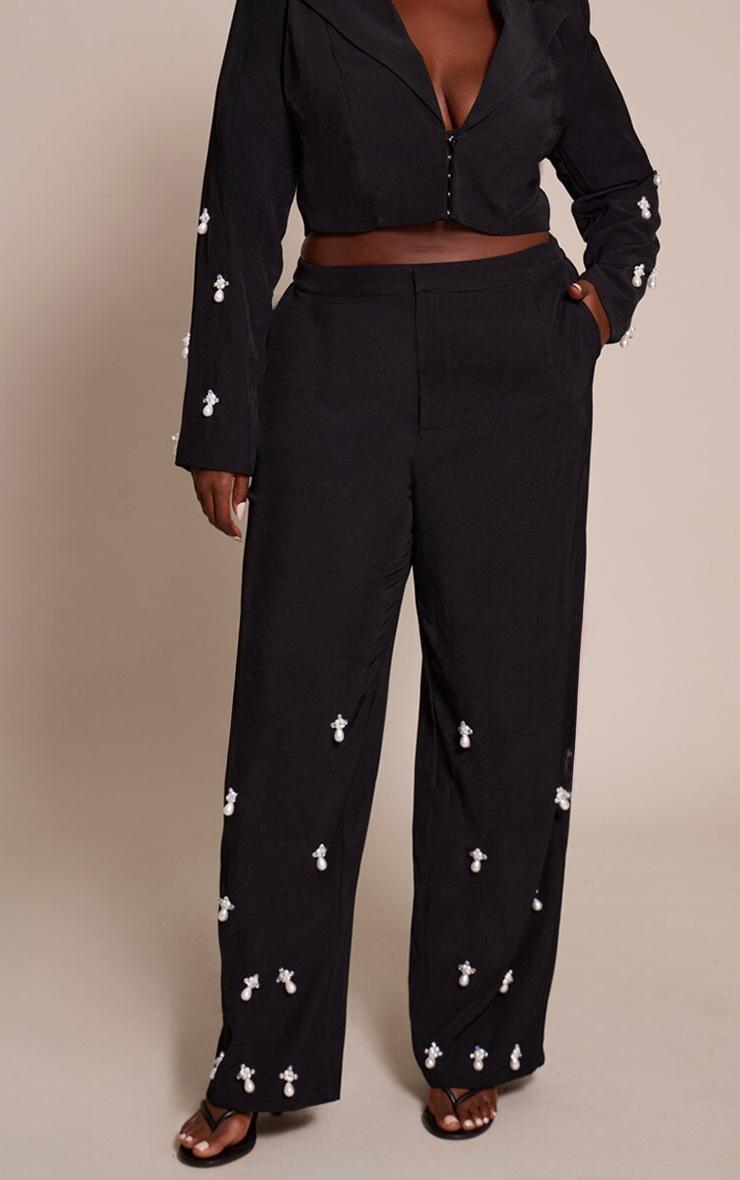 Pretty Little Thing Plus Black Woven Embellished High Waist Wide Leg Pant
