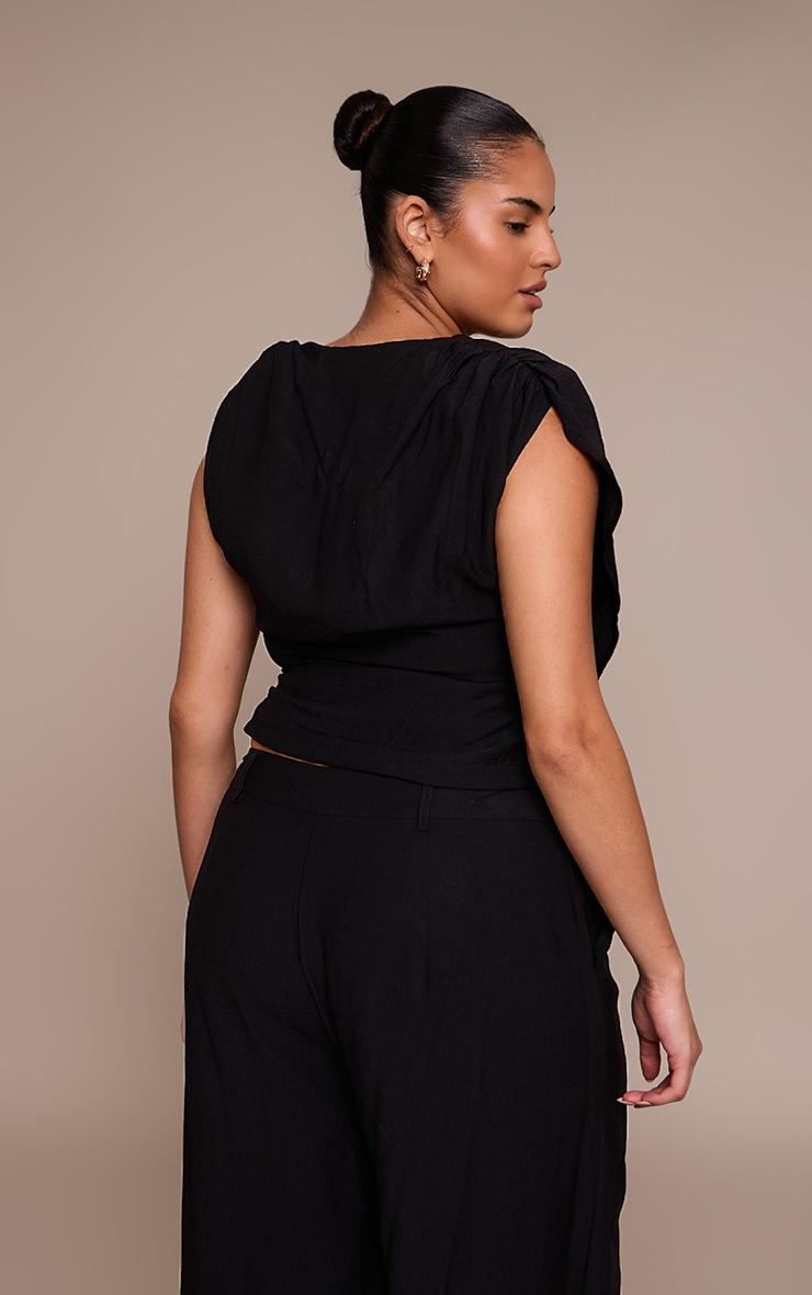Pretty Little Thing Plus Black Woven Ruched Shoulder Cowl Neck Top