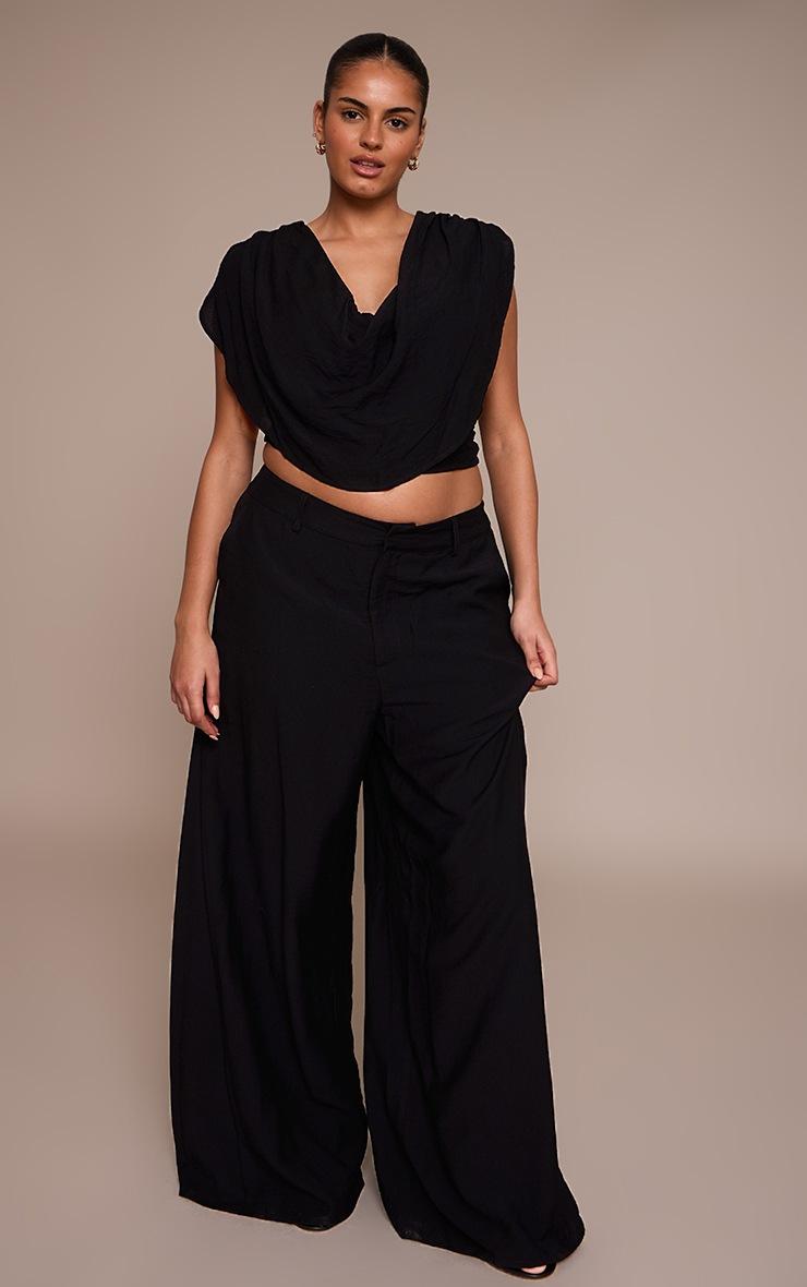 Pretty Little Thing Plus Black Woven Ruched Shoulder Cowl Neck Top